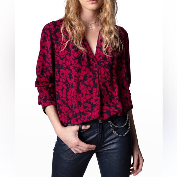 Zadig & Voltaire Tink Bico Flowers Logo Blouse Long Sleeve Floral Dark Vampire - Picture 1 of 8
